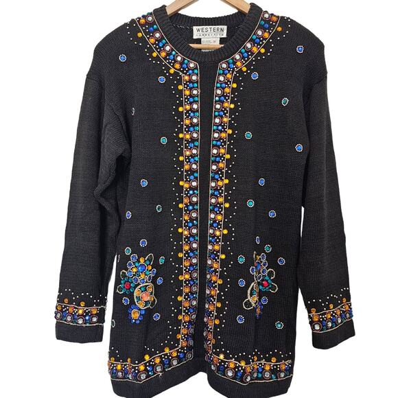 Vintage Sweaters - Vintage Beaded Sweater Womens Medium Black 90s Embellished Glam Whimsygoth Retro